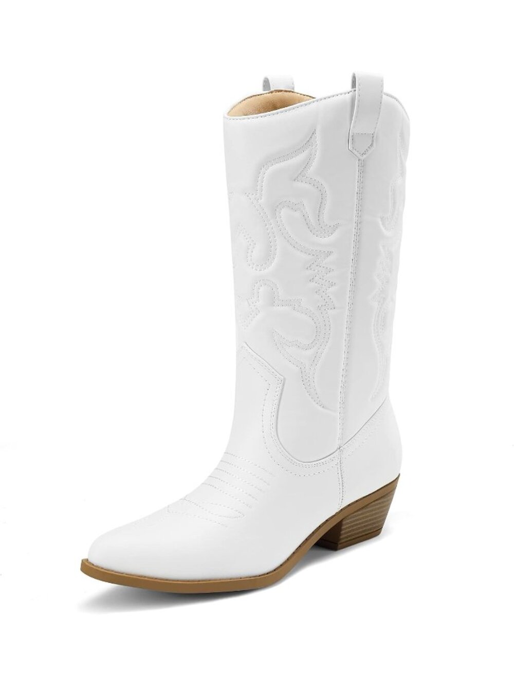 Women’s White Cowboy Boots Pointed Toe Wide Calf Western Cowgirl Low Heel